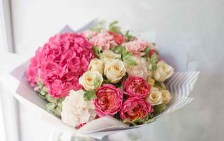 beautiful spring bouquet. flower arrangement with hydrangea and peonies. Color light pink.